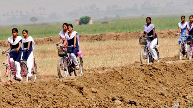  schoolgirls ride bicycles under a Bihar government program (AP Photo/Prashant Ravi)